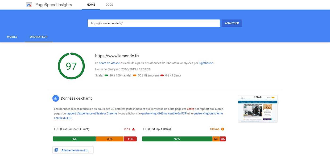 5 sites internet simples et gratuits pour mesurer la vitesse de votre site internet : PageSpeed Insights de Google.